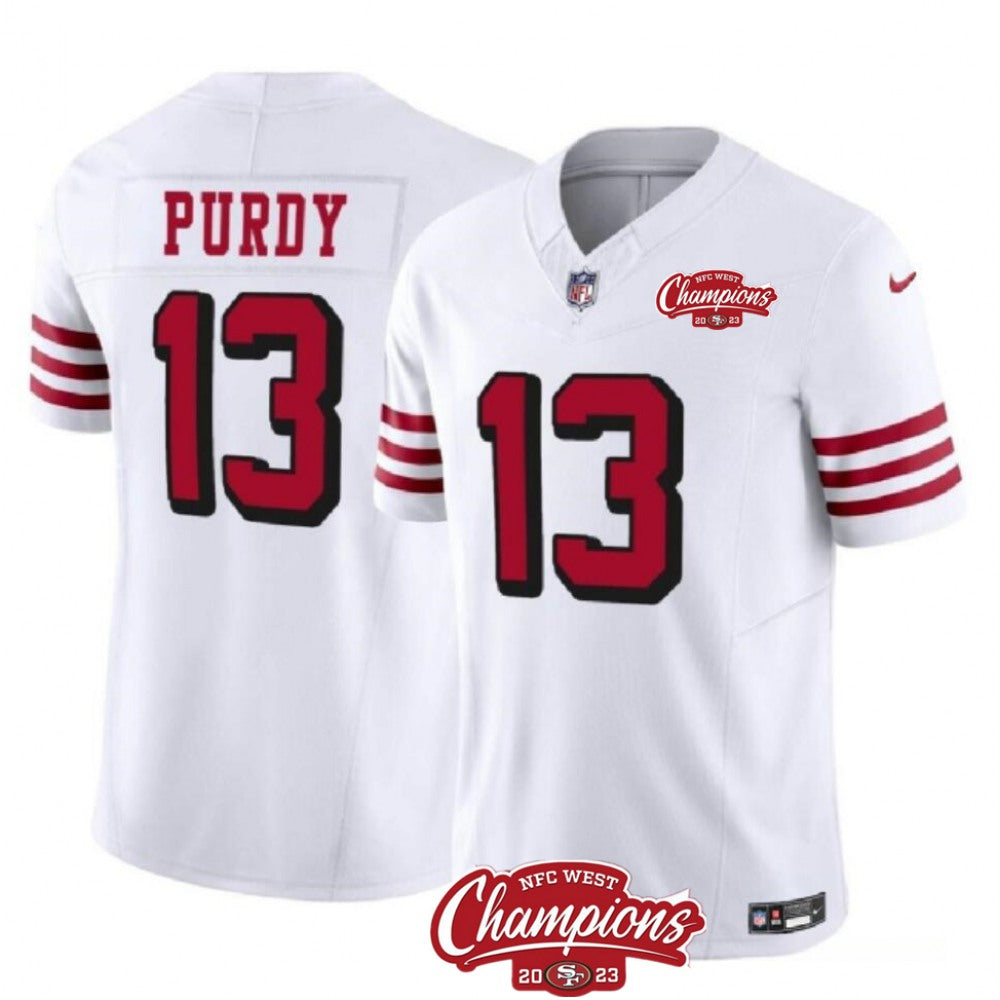 Men's San Francisco 49ers #13 Brock Purdy White 2023 F.U.S.E. NFC West Champions Patch Alternate Stitched Football Jersey 
