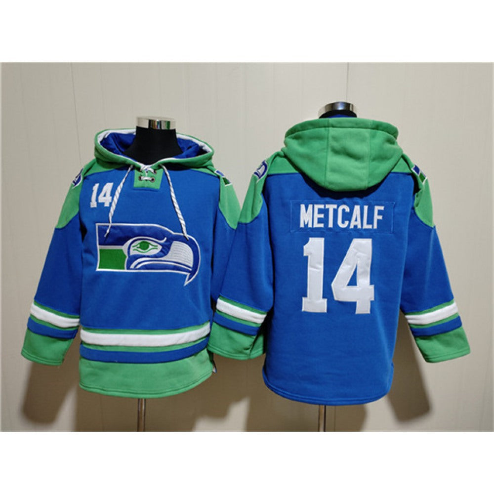 Men's Seattle Seahawks #14 DK Metcalf Royal Ageless Must-Have Lace-Up Pullover Hoodie 