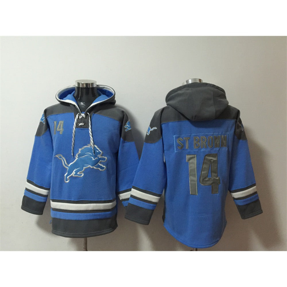 Men's Detroit Lions #14 Amon-Ra St. Brown Blue Ageless Must-Have Lace-Up Pullover Hoodie 