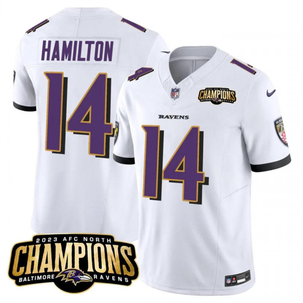 Men's Baltimore Ravens #14 Kyle Hamilton White 2023 F.U.S.E. AFC North Champions Vapor Limited Football Jersey 