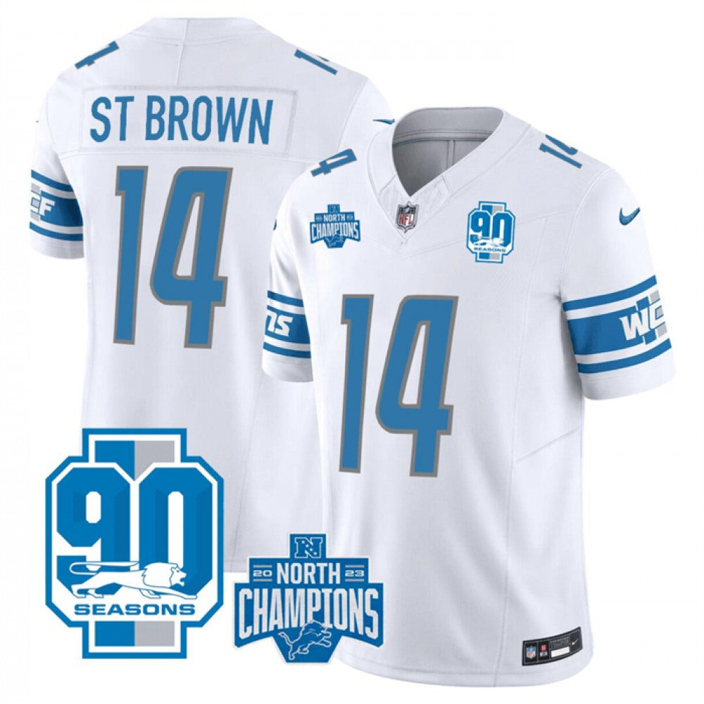 Men's Detroit Lions #14 Amon-Ra St. Brown White 2023 F.U.S.E. 90th Anniversary NFC North Division Champions Vapor Untouchable Limited Stitched Jersey 