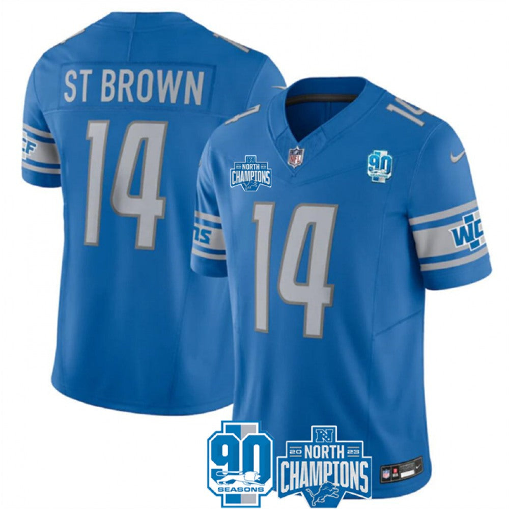 Men's Detroit Lions #14 Amon-Ra St. Brown Blue 2023 F.U.S.E. NFC North Division Champions Vapor Untouchable Limited Stitched Jersey 