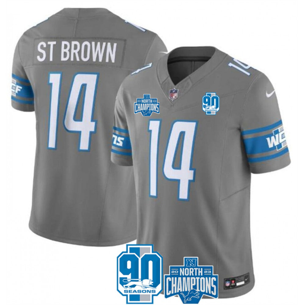 Men's Detroit Lions #14 Amon-Ra St. Brown Grey 2023 F.U.S.E. 90th Anniversary NFC North Division Champions Vapor Untouchable Limited Stitched Jersey 