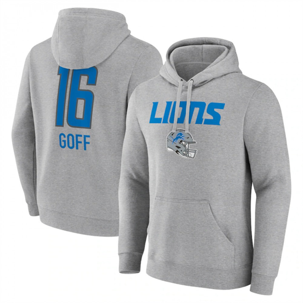 Men's Detroit Lions #16 Jared Goff Heather Gray Team Wordmark Player Name & Number Pullover Hoodie 