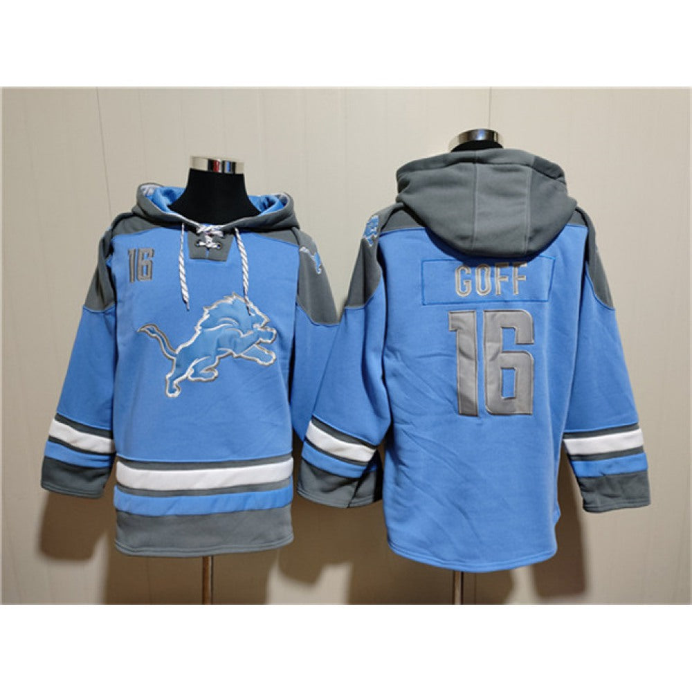 Men's Detroit Lions #16 Jared Goff Blue Ageless Must-Have Lace-Up Pullover Hoodie 