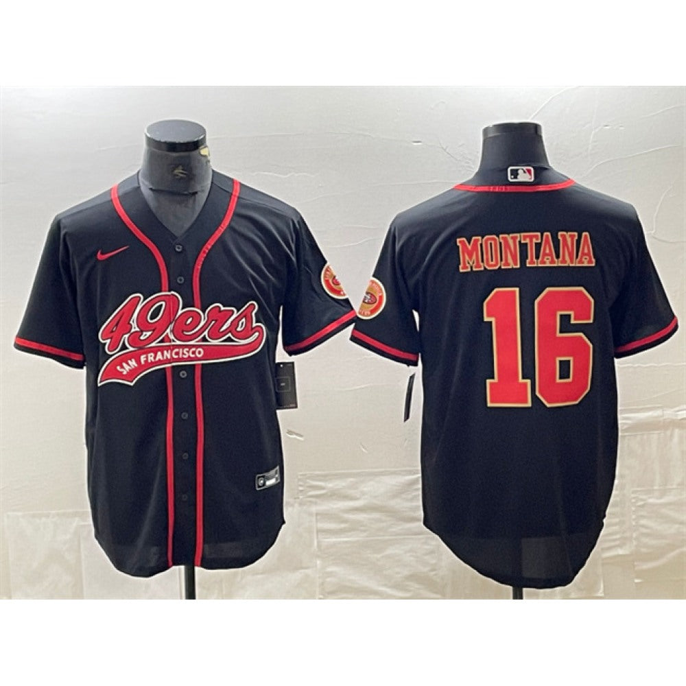 Men's San Francisco 49ers #16 Joe Montana Black With Patch Cool Base Stitched Baseball Jersey 