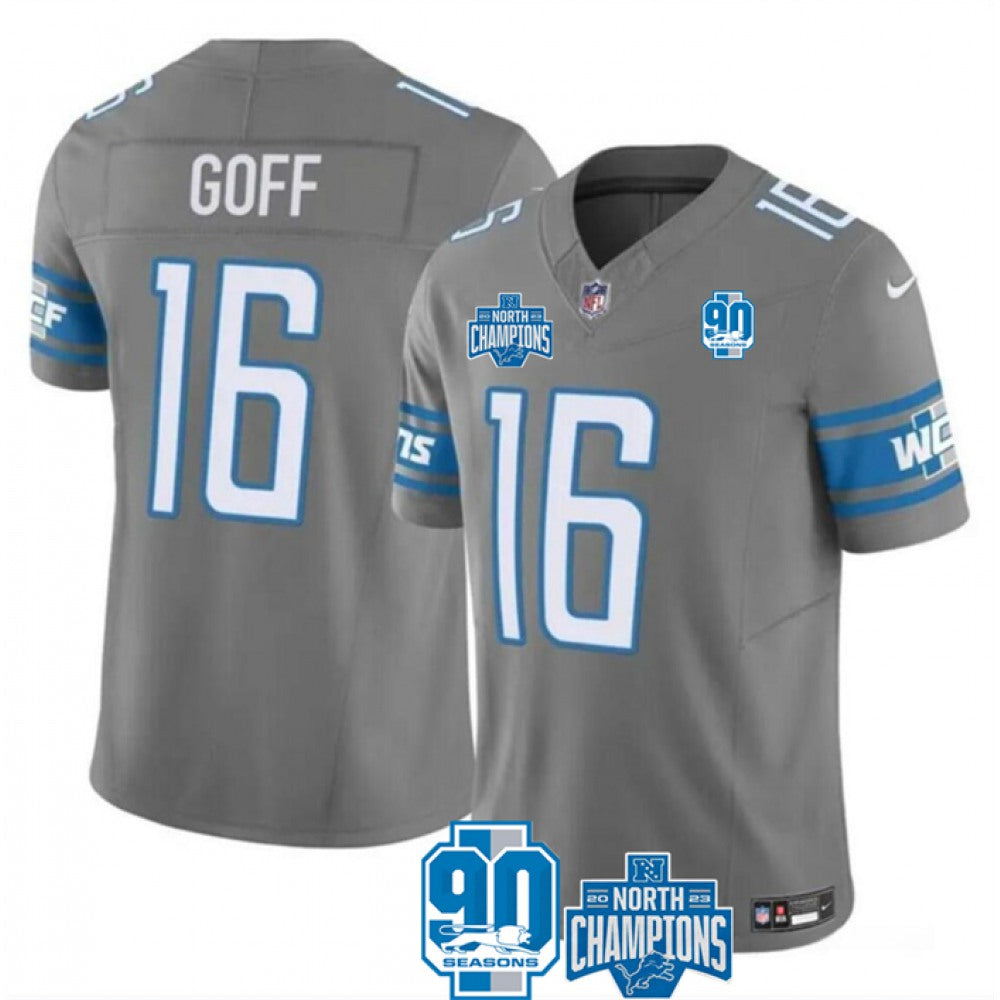 Men's Detroit Lions #16 Jared Goff Grey 2023 F.U.S.E. 90th Anniversary NFC North Division Champions Vapor Untouchable Limited Stitched Jersey 