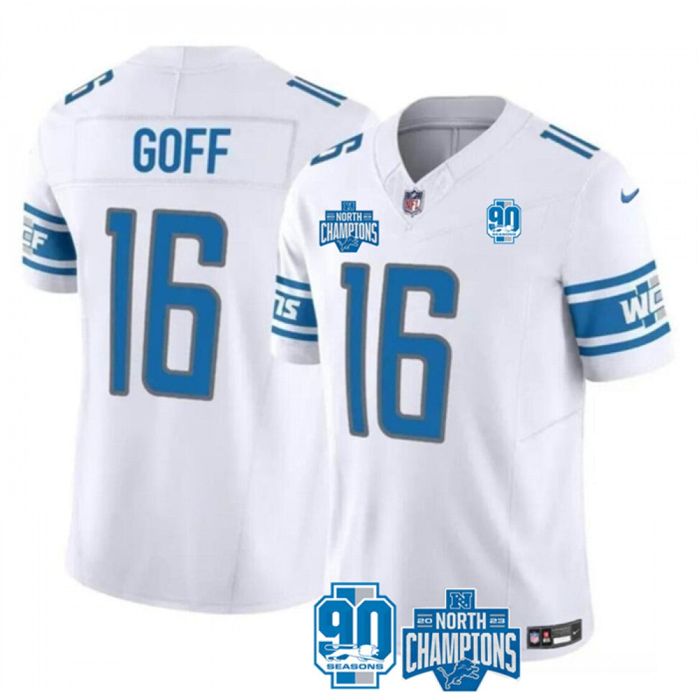 Men's Detroit Lions #16 Jared Goff White 2023 F.U.S.E. 90th Anniversary NFC North Division Champions Vapor Untouchable Limited Stitched Jersey 