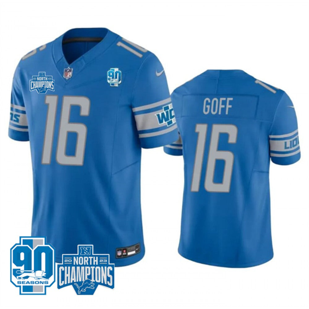 Men's Detroit Lions #16 Jared Goff Blue 2023 F.U.S.E. 90th Anniversary NFC North Division Champions Vapor Untouchable Limited Stitched Jersey 