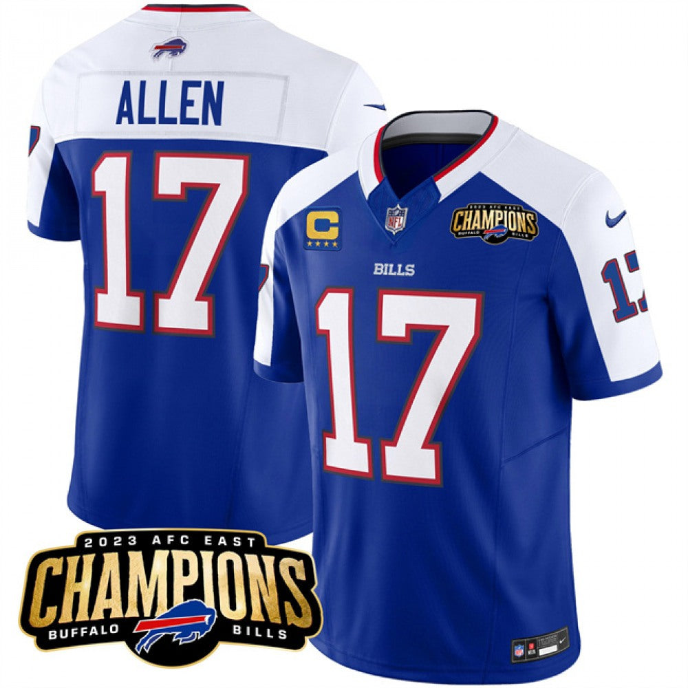 Men's Buffalo Bills #17 Josh Allen Blue/White 2023 F.U.S.E. AFC East Champions With 4-star C Ptach Stitched Football Jersey 