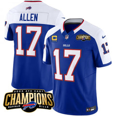 Men's Buffalo Bills #17 Josh Allen Blue/White 2023 F.U.S.E. AFC East Champions With 4-star C Ptach Stitched Football Jersey 