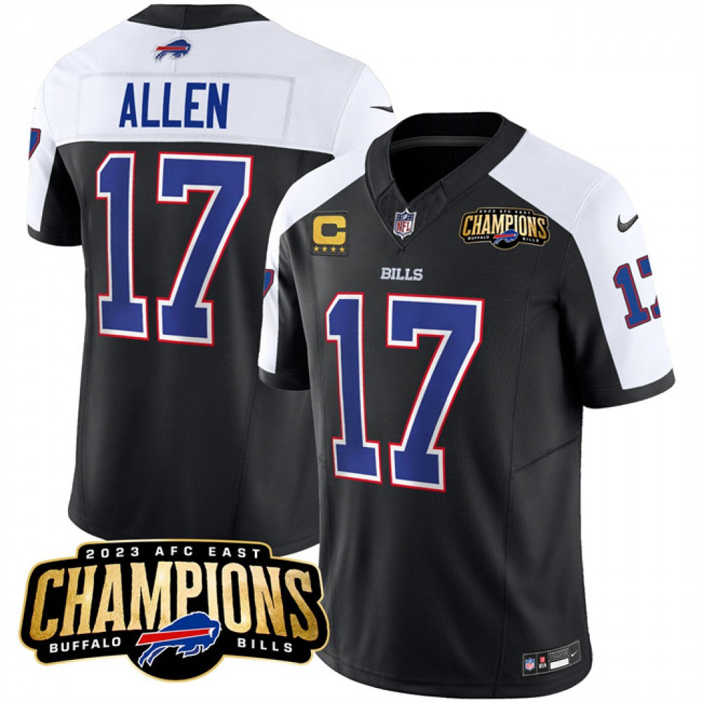 Men's Buffalo Bills #17 Josh Allen Black/White 2023 F.U.S.E. AFC East Champions With 4-star C Ptach Stitched Football Jersey 