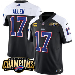 Men's Buffalo Bills #17 Josh Allen Black/White 2023 F.U.S.E. AFC East Champions With 4-star C Ptach Stitched Football Jersey 