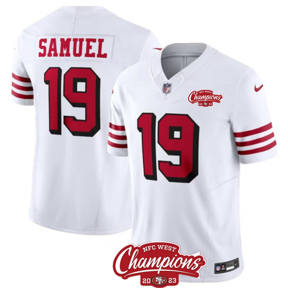 Men's San Francisco 49ers #19 Deebo Samuel White 2023 F.U.S.E. NFC West Champions Patch Alternate Stitched Football Jersey 