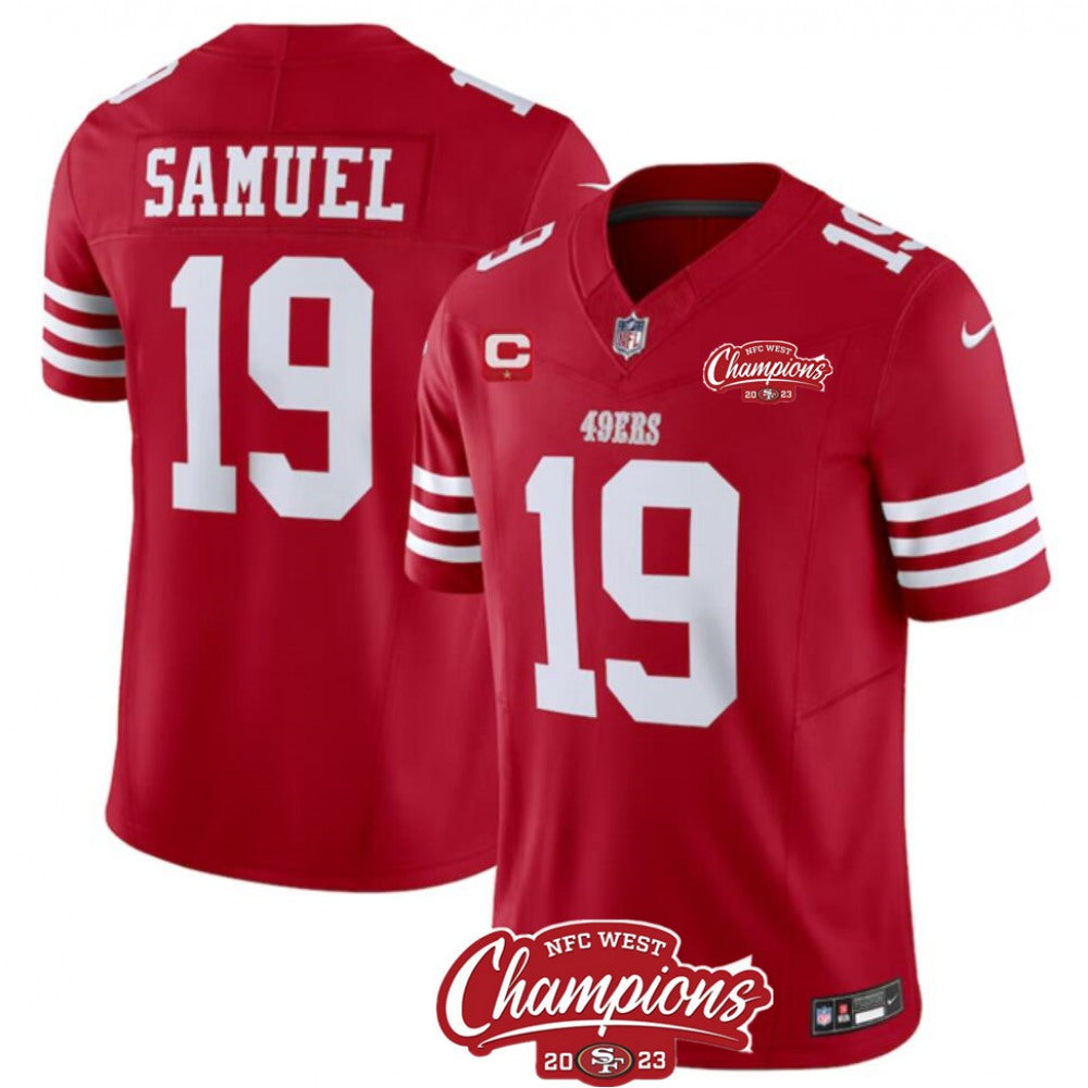 Men's San Francisco 49ers #19 Deebo Samuel Red 2023 F.U.S.E. With 1-star C Patch And NFC West Champions Patch Stitched Football Jersey 