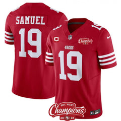 Men's San Francisco 49ers #19 Deebo Samuel Red 2023 F.U.S.E. With 1-star C Patch And NFC West Champions Patch Stitched Football Jersey 