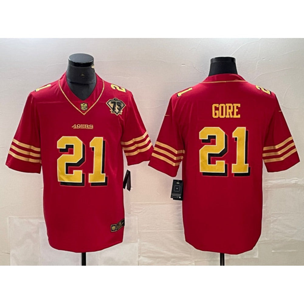 Men's San Francisco 49ers #21 Frank Gore Red Gold With 75th Patch Vapor Untouchable Limited Stitched Jersey 