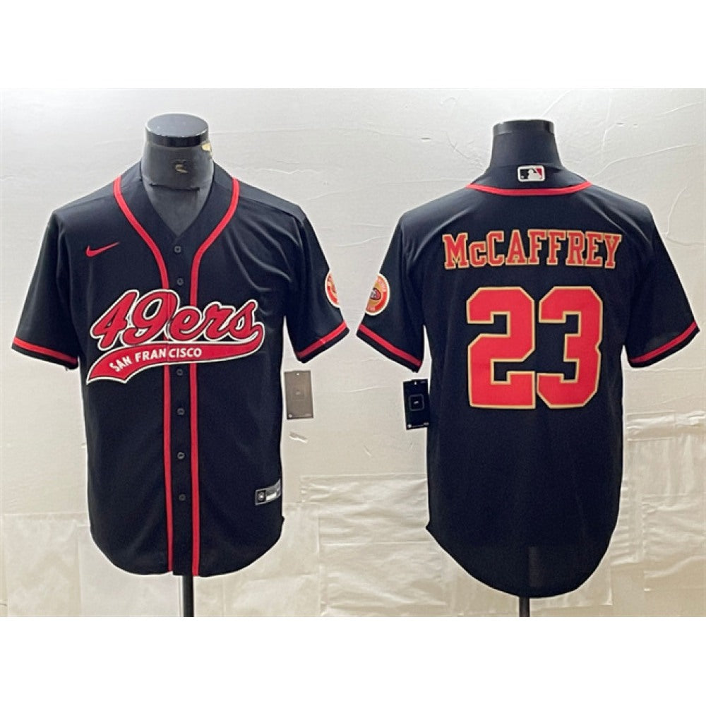 Men's San Francisco 49ers #23 Christian McCaffrey Black With Patch Cool Base Stitched Baseball Jersey 