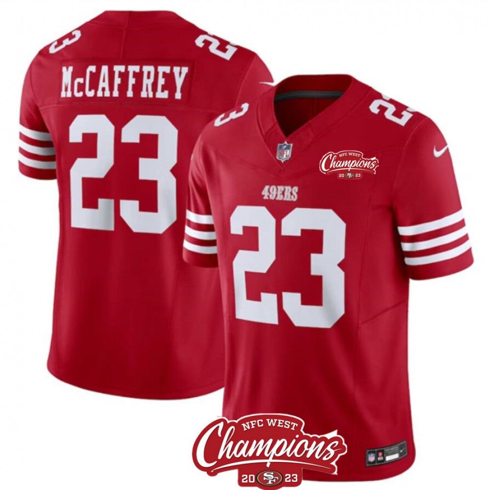 Men's San Francisco 49ers #23 Christian McCaffrey Red 2023 F.U.S.E. NFC West Champions Patch Stitched Football Jersey 