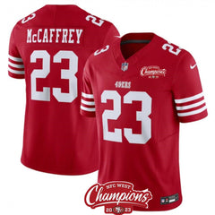 Men's San Francisco 49ers #23 Christian McCaffrey Red 2023 F.U.S.E. NFC West Champions Patch Stitched Football Jersey 