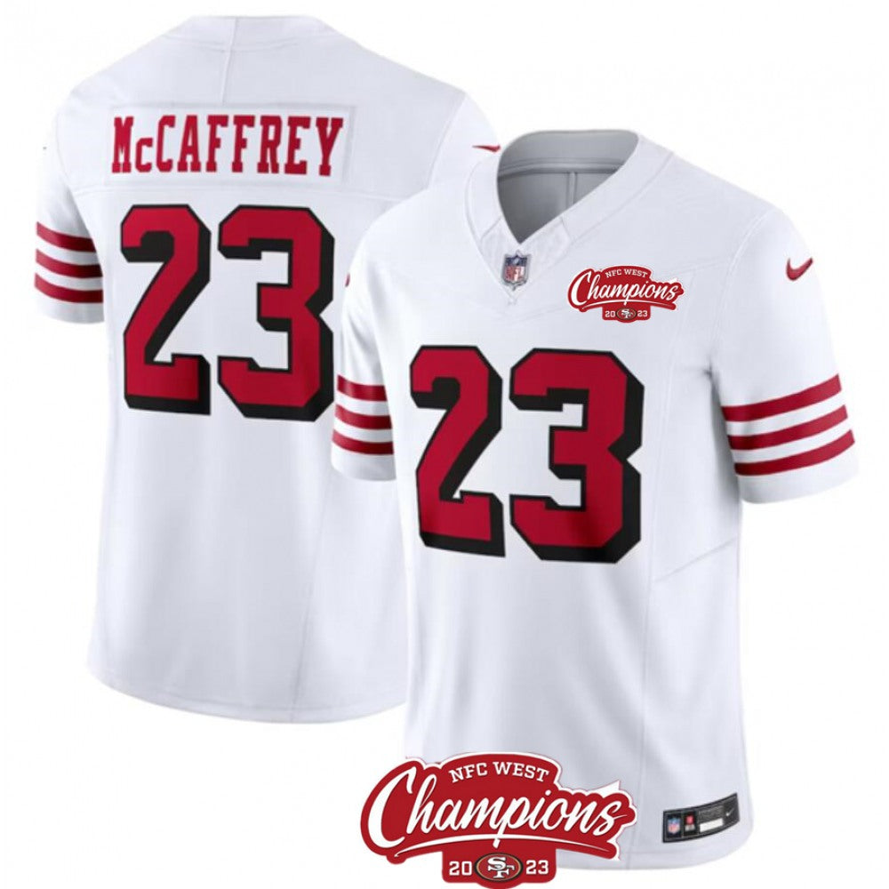 Men's San Francisco 49ers #23 Christian McCaffrey White 2023 F.U.S.E. NFC West Champions Patch Alternate Stitched Football Jersey 