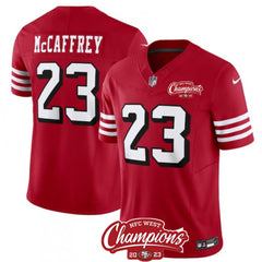Men's San Francisco 49ers #23 Christian McCaffrey Red 2023 F.U.S.E. NFC West Champions Patch Alternate Stitched Football Jersey 