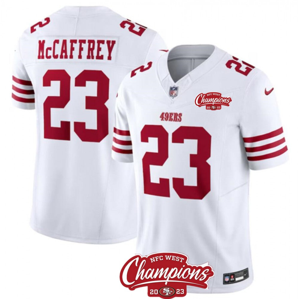 Men's San Francisco 49ers #23 Christian McCaffrey White 2023 F.U.S.E. NFC West Champions Patch Stitched Football Jersey 