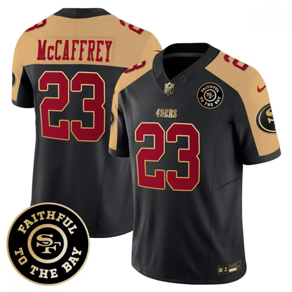 Men's San Francisco 49ers #23 Christian McCaffrey Black/Gold 2023 F.U.S.E. Faithful To The Bay Patch Stitched Jersey 