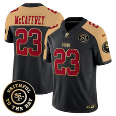 Men's San Francisco 49ers #23 Christian McCaffrey Black/Gold 2023 F.U.S.E. Faithful To The Bay Patch Stitched Jersey 