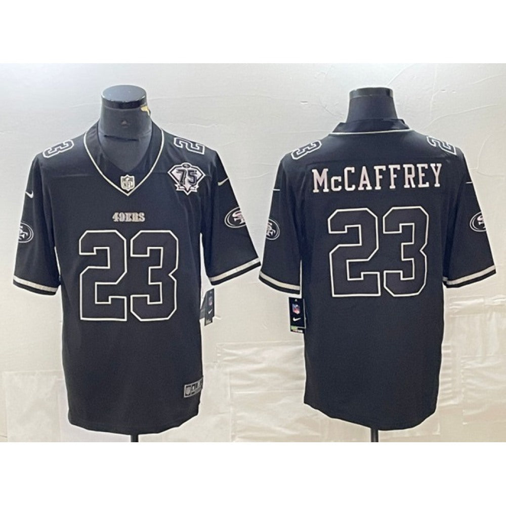 Men's San Francisco 49ers #23 Christian McCaffrey Black With 75th Anniversary Patch Stitched Jersey 