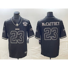 Men's San Francisco 49ers #23 Christian McCaffrey Black With 75th Anniversary Patch Stitched Jersey 