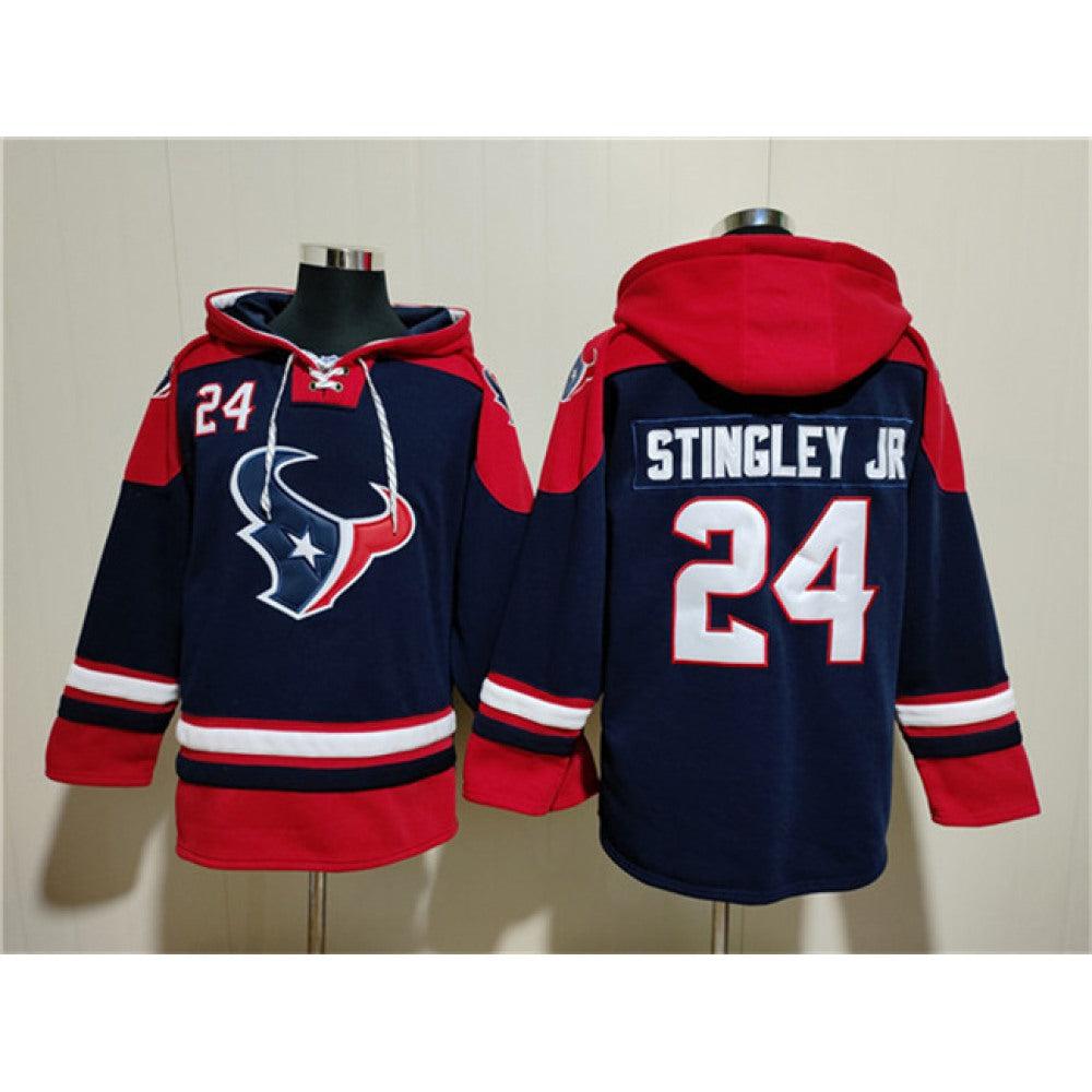 Men's Houston Texans #24 Derek Stingley Jr. Navy Ageless Must-Have Lace-Up Pullover Hoodie 