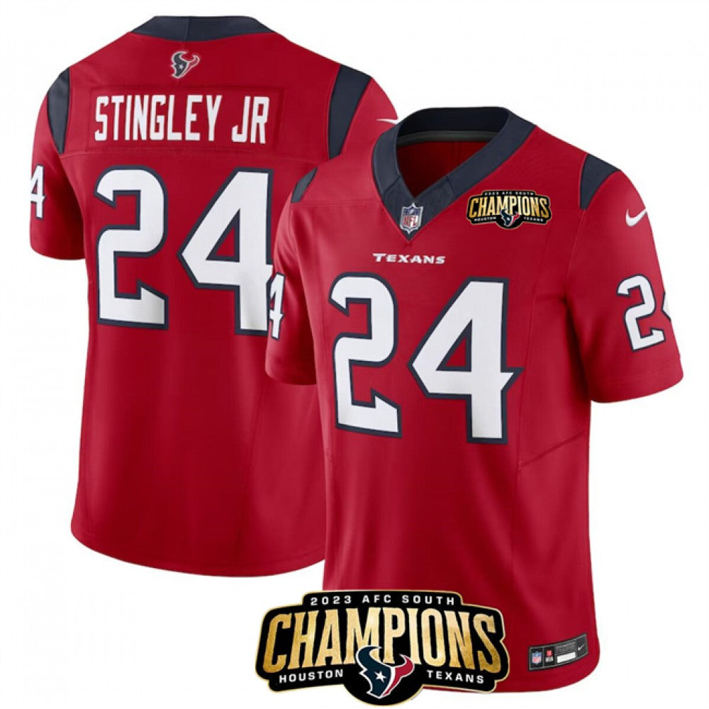 Men's Houston Texans #24 Derek Stingley Jr. Red 2023 F.U.S.E. AFC South Champions Patch Vapor Untouchable Limited Stitched Football Jersey 