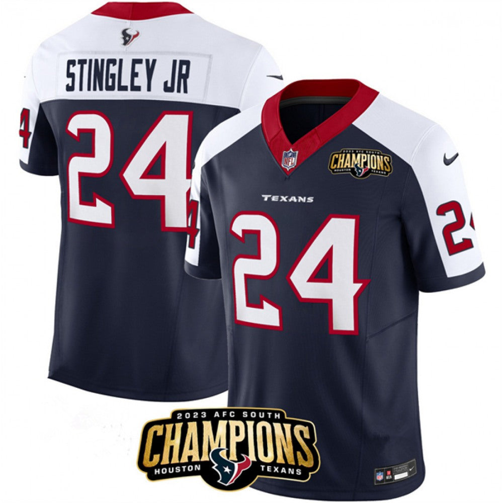 Men's Houston Texans #24 Derek Stingley Jr. Navy/White 2023 F.U.S.E. AFC South Champions Patch Limited Stitched Football Jersey 