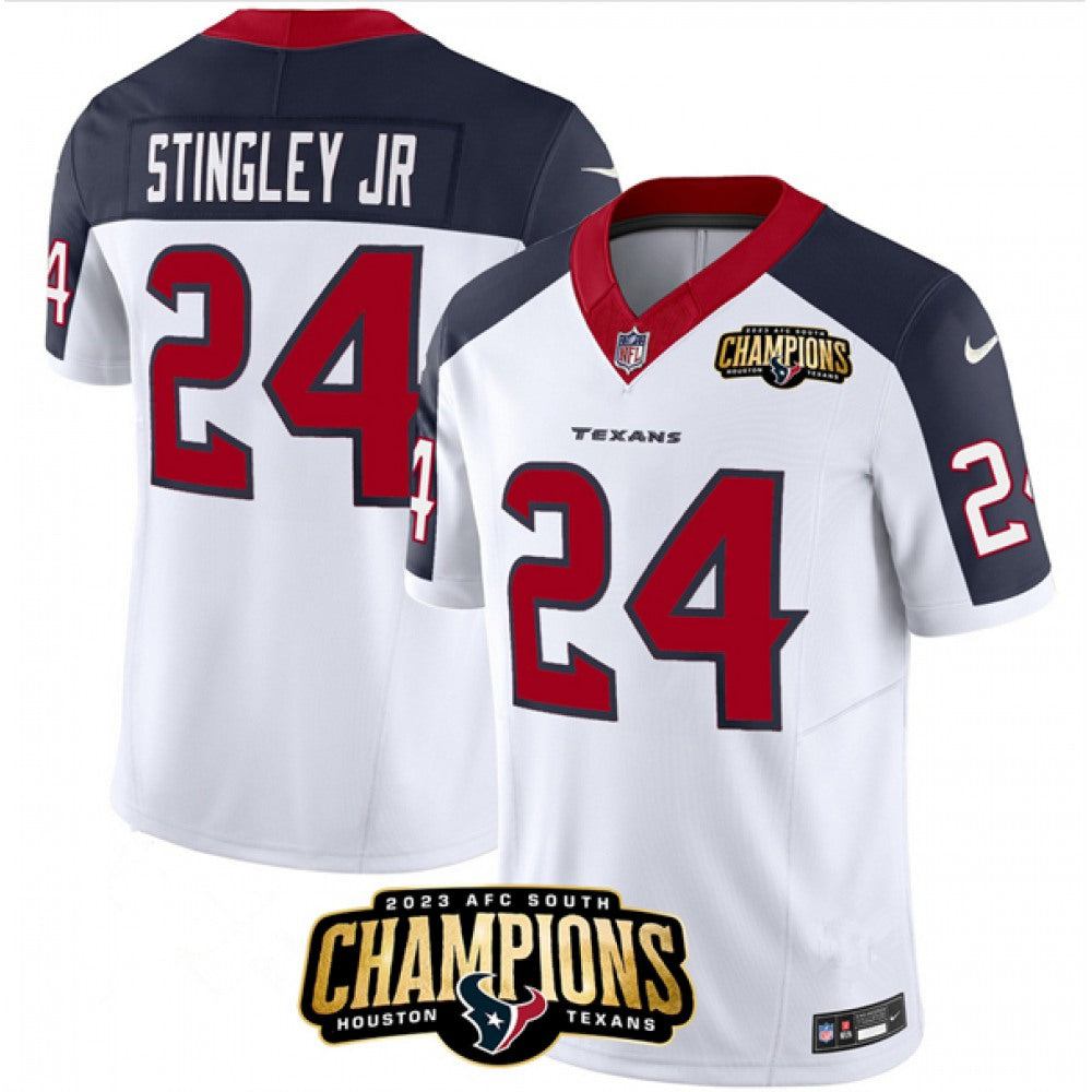 Men's Houston Texans #24 Derek Stingley Jr. White/Navy 2023 F.U.S.E. With AFC South Champions Patch And Team Logo Patch Limited Stitched Football Jersey 