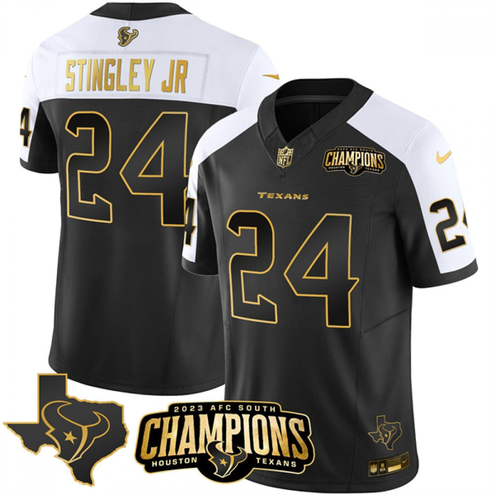 Men's Houston Texans #24 Derek Stingley Jr. Black/White Golden 2023 F.U.S.E. With AFC South Champions Patch And Team Logo Patch Limited Stitched Football Jersey 