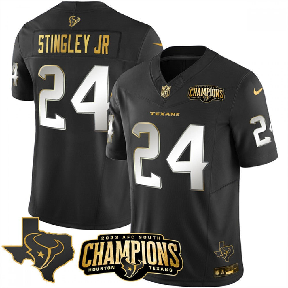 Men's Houston Texans #24 Derek Stingley Jr. Black Golden 2023 F.U.S.E. With AFC South Champions Patch And Team Logo Patch Limited Stitched Football Jersey 