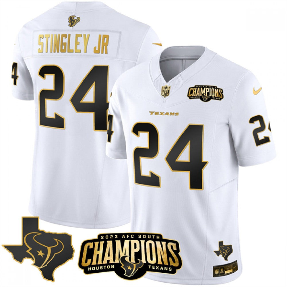 Men's Houston Texans #24 Derek Stingley Jr. White Golden 2023 F.U.S.E. With AFC South Champions Patch And Team Logo Patch Limited Stitched Football Jersey 