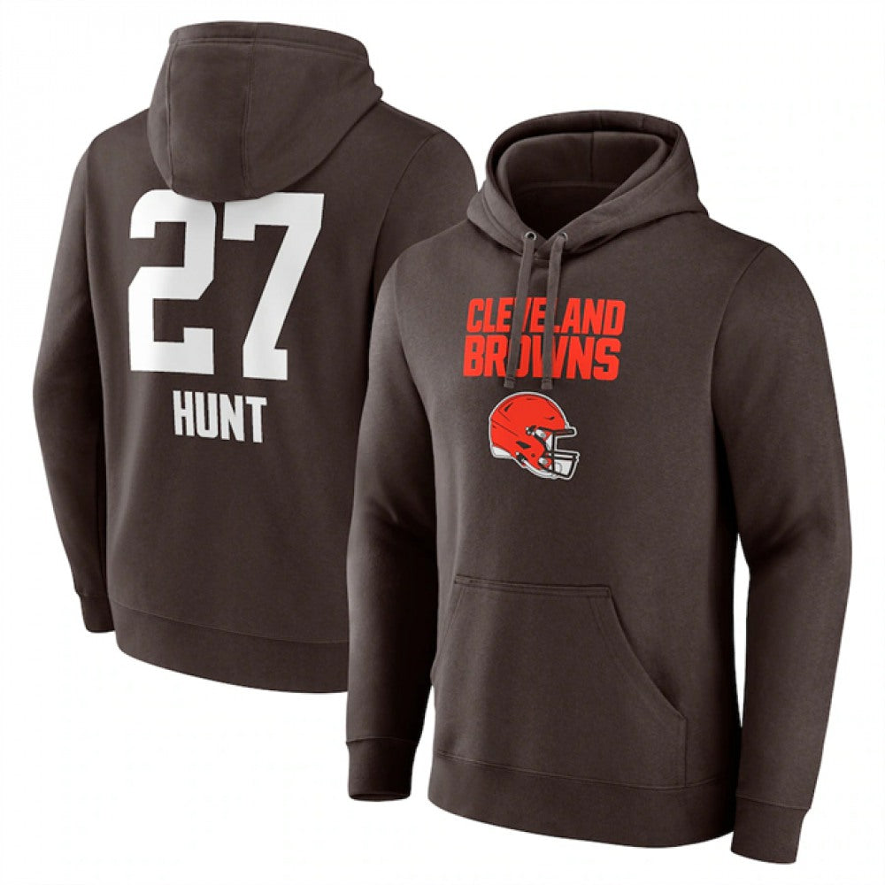 Men's Cleveland Browns #27 Kareem Hunt Brown Team Wordmark Player Name & Number Pullover Hoodie 
