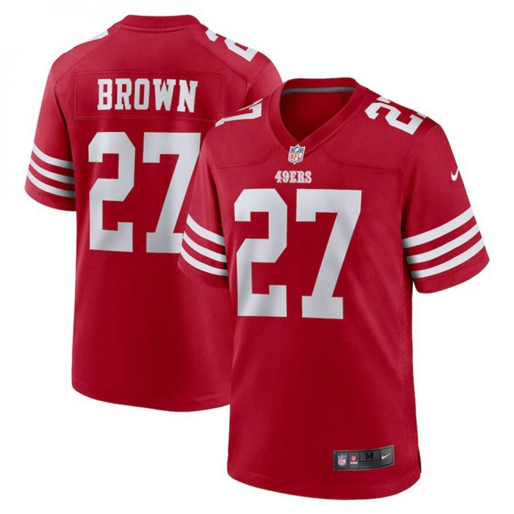 Men's San Francisco 49ers #27 Ji'Ayir Brown Red Stitched Game Jersey 