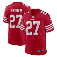 Men's San Francisco 49ers #27 Ji'Ayir Brown Red Stitched Game Jersey 