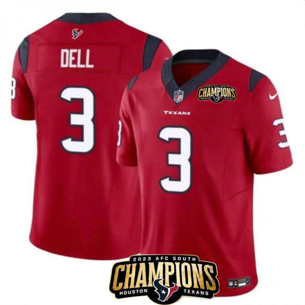 Men's Houston Texans #3 Tank Dell Red 2023 F.U.S.E. AFC South Champions Patch Vapor Untouchable Limited Stitched Football Jersey 