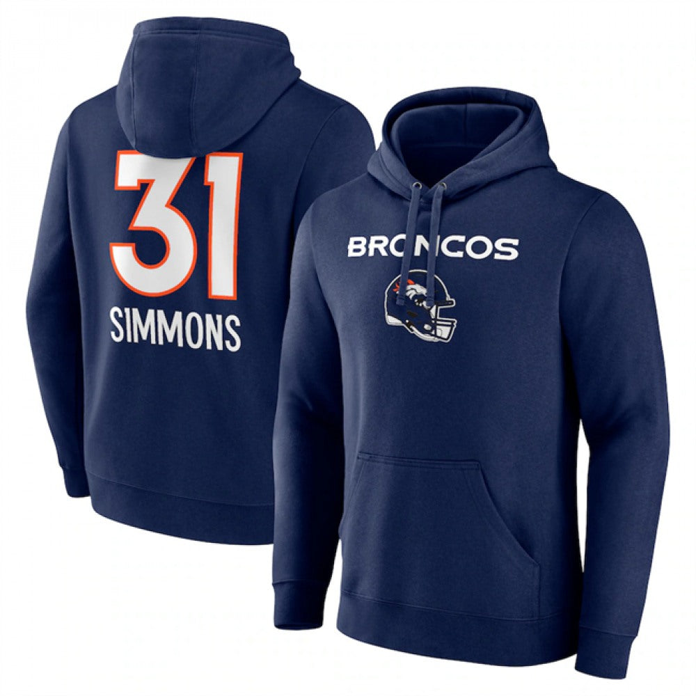 Men's Denver Broncos #31 Justin Simmons Navy Team Wordmark Name & Number Pullover Hoodie 