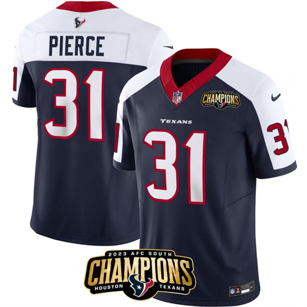 Men's Houston Texans #31 Dameon Pierce Navy/White 2023 F.U.S.E. AFC South Champions Patch Limited Stitched Football Jersey 