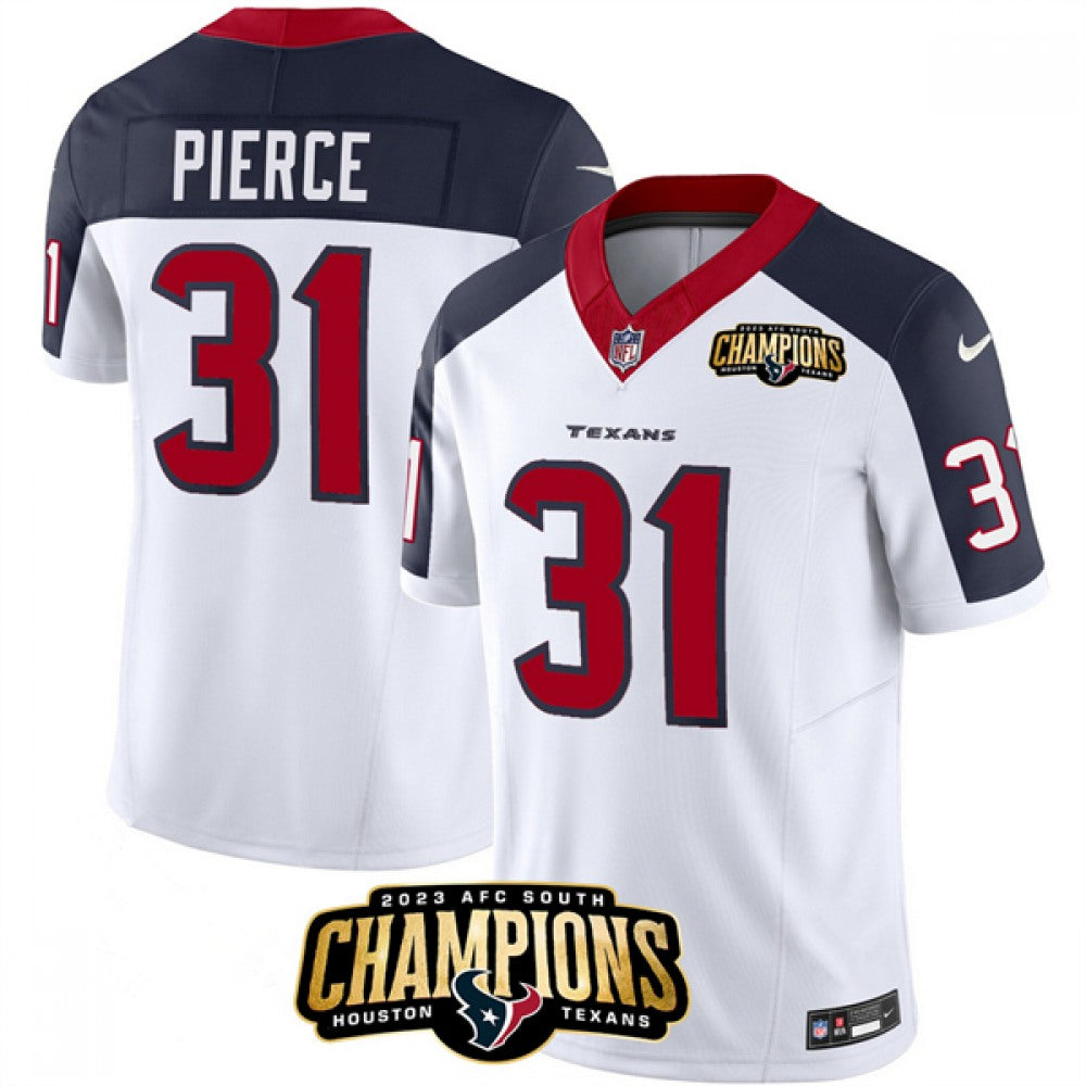Men's Houston Texans #31 Dameon Pierce White/Navy 2023 F.U.S.E. AFC South Champions Patch Limited Stitched Football Jersey 