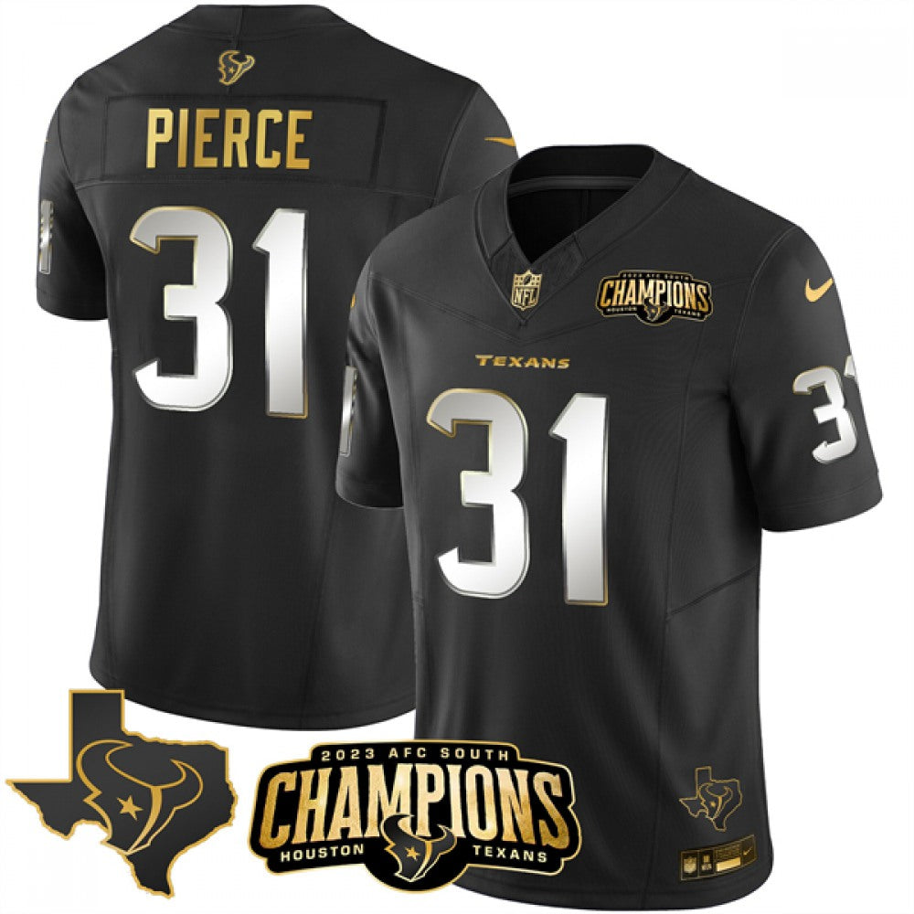 Men's Houston Texans #31 Dameon Pierce Black Golden 2023 F.U.S.E. With AFC South Champions Patch And Team Logo Patch Limited Stitched Football Jersey 