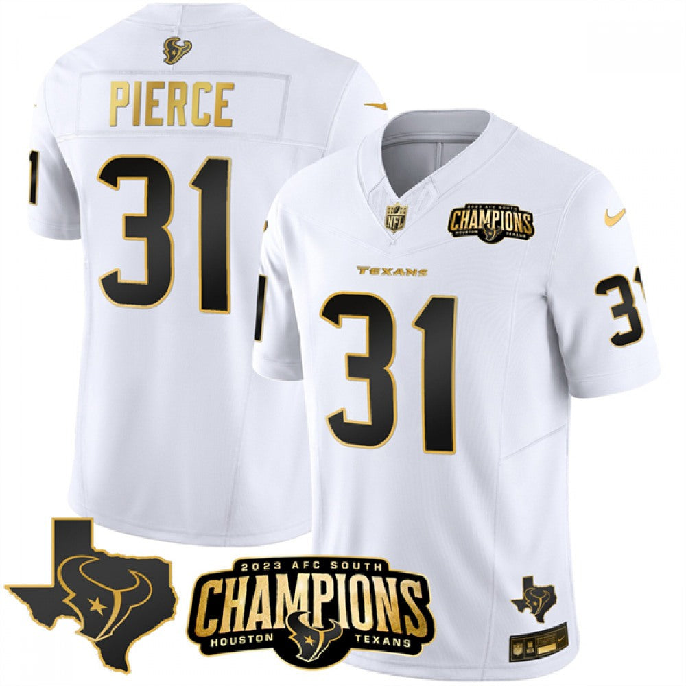 Men's Houston Texans #31 Dameon Pierce White Golden 2023 F.U.S.E. With AFC South Champions Patch And Team Logo Patch Limited Stitched Football Jersey 