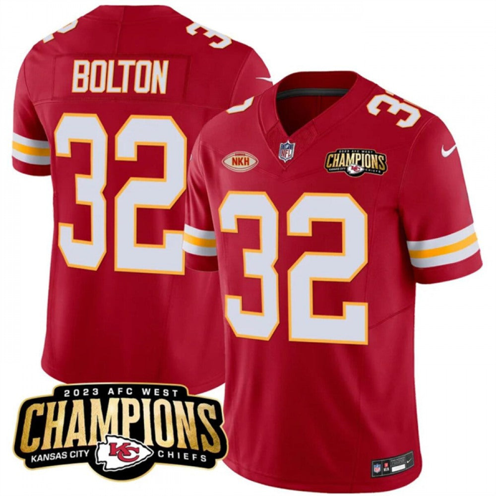Men's Kansas City Chiefs #32 Nick Bolton Red 2023 F.U.S.E. AFC West Champions With "NKH" Patch Vapor Untouchable Limited Stitched Jersey 