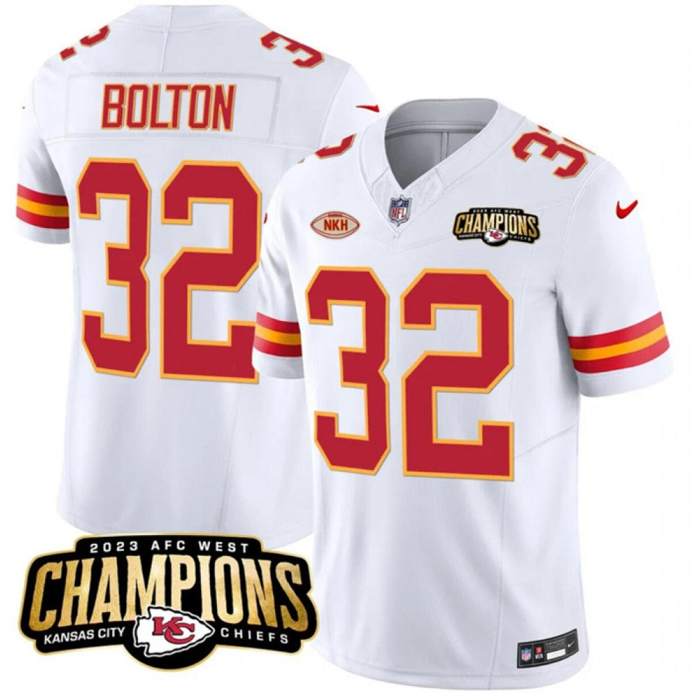 Men's Kansas City Chiefs #32 Nick Bolton White 2023 F.U.S.E. AFC West Champions With "NKH" Patch Vapor Untouchable Limited Stitched Jersey 