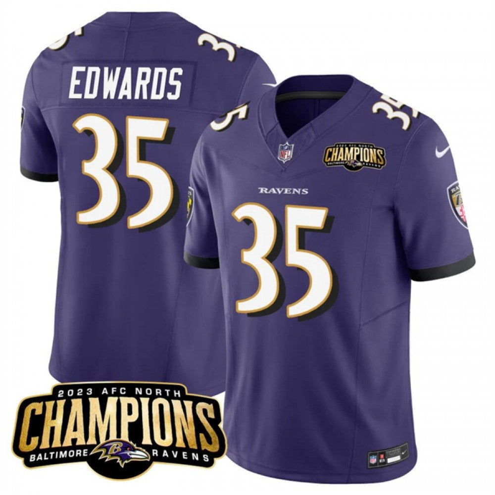 Men's Baltimore Ravens #35 Gus Edwards Purple 2023 F.U.S.E. AFC North Champions Vapor Limited Football Jersey 